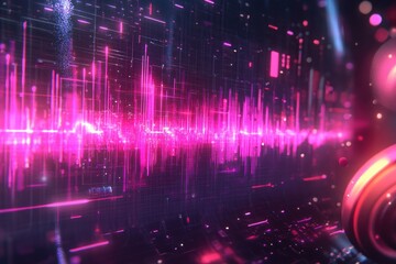Abstract digital artwork depicting a vibrant pink and purple waveform pulsing across a gridded, technological background.  Glowing lines and particles create a dynamic, energetic visual effect. 
