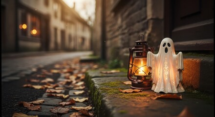 A spooky ghost and lantern on a cobblestone street during halloween night