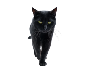 Black cat with green eyes walking forward isolated on transparent background
