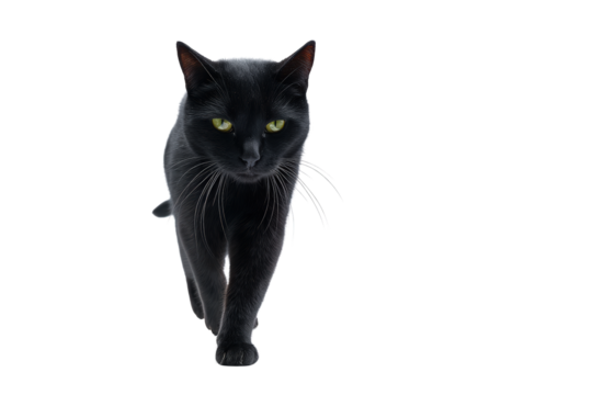 Black cat with green eyes walking forward isolated on transparent background