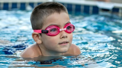 Close up of a young boy wearing pink swimming goggles looking up with a determined expression while in a swimming pool