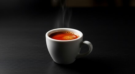 Aromatic indulgence: Steaming cup of espresso on a sleek black surface evoking warmth and comfort