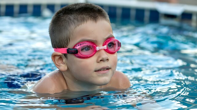 Close up of a young boy wearing pink swimming goggles looking up with a determined expression while in a swimming pool - Powered by Adobe