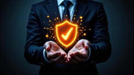 Businessman Holding Digital Security Shield with Checkmark