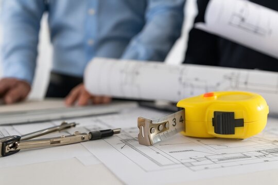 Architectural blueprints and design tools showcase creativity in a project development, innovation and collaboration.