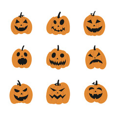 Jack-O-Lantern. Halloween pumpkins with faces element. October holiday symbol. Vector