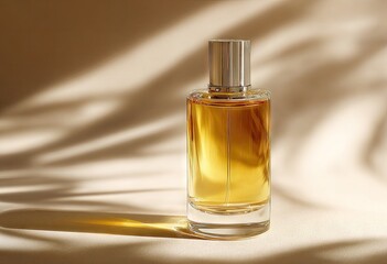 Amber perfume in glass bottle with silver cap, sits on beige surface; dappled sunlight casts shadows