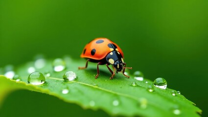 Fototapeta premium Close up of a bright red ladybug with black spots on a green leaf covered in dew drops
