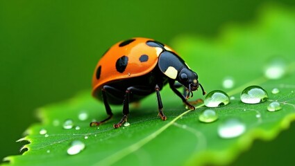 Fototapeta premium Close up of a bright orange ladybug with black spots on a green leaf covered in water droplets