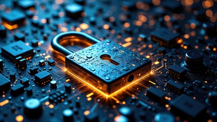 Cybersecurity Concept, Lock on Circuit Board Representing Data Protection