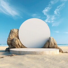 Empty round white podium on beige stone pedestal on a sandy beach, with large rocks and blue sky