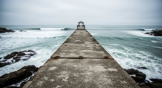Concrete pier extending into a gray, stormy ocean
