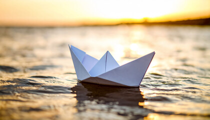 White paper boat on a quiet water surface with an endless horizon, with space for text