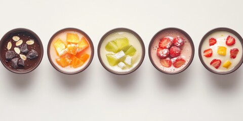 Obraz premium Colorful Fruit Bowls Topped with Cream, Minimalist Food Still Life