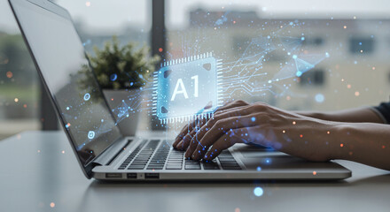 Hands typing on laptop with ai chip overlay and plant on desk near window in blurred background