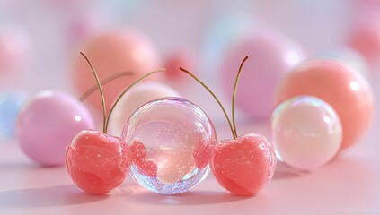 Pink cherries, iridescent spheres, pastel aesthetic