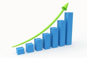 Blue bar graph with upward trending green arrow indicating growth