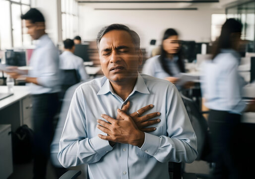Adult indian man holding chest with closed eyes in busy office showing distress possible heart attack panic attack stress long exposure motion blur photography style