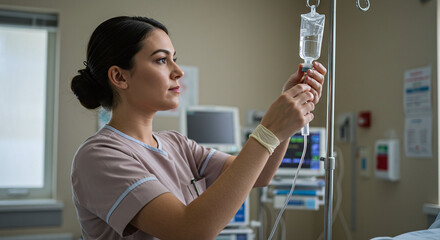 A nurse adjusting an iv drip in a hospital room with medical equipment in the background setting the scene