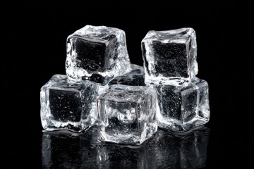 Five translucent ice cubes rest on a reflective black surface, slightly overlapping, showcasing their crystalline structure and subtle water droplets