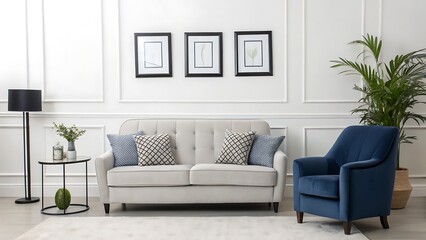 Elegant living room with a blue armchair and a cream sofa