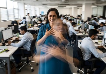 Fototapeta premium Adult indian woman clutching chest with closed eyes in office environment showing signs of heart attack anxiety panic attack stress motion blur long exposure photography
