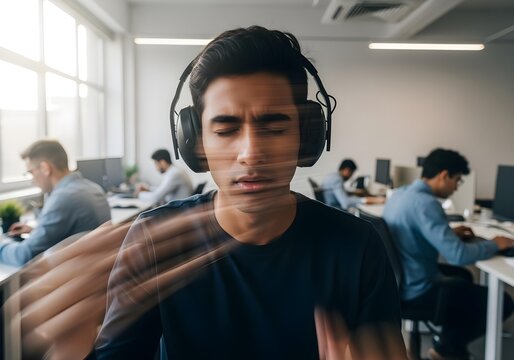 Autistic young indian man with headphones in office closing eyes distressed showing sensory overload anxiety panic attack meltdown motion blur long exposure style