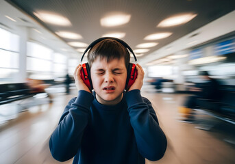 Autistic child boy with noise cancelling headphones in busy airport eyes closed distressed showing sensory overload panic anxiety meltdown motion blur long exposure style