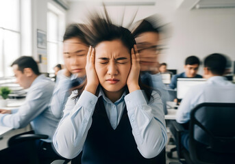 Autistic young asian woman with headphones in office eyes closed distressed showing sensory overload anxiety panic attack meltdown motion blur long exposure