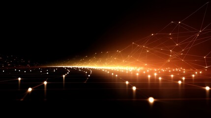 Dynamic lowangle view of glowing interconnected geometric shapes forming a vibrant digital network with warm orange hues and intricate textures, creating an energetic and futuristic atmosphere