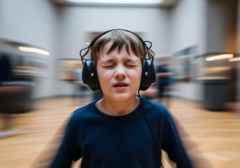 Autistic child boy with noise cancelling headphones in museum eyes closed distressed showing sensory overload panic anxiety meltdown motion blur long exposure photography