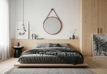 A minimalist bedroom with a wooden headboard and round mirror