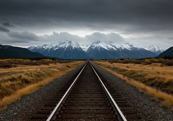 Train tracks leading to snowcapped mountains under cloudy sky