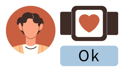 Person avatar paired with smartwatch monitoring heart health, showing a heart icon with OK confirmation. Ideal for healthcare, fitness, technology, self-care, monitoring, wellness, lifestyle