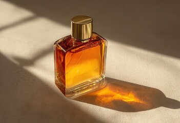 Amber-hued perfume in a rectangular glass bottle with a gold cap, casts a warm shadow on a beige surface in sunlight
