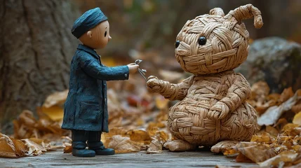 Papier peint photo Chambre de fille Blue coated figure meeting woven creature in miniature forest surrounded by autumn leaves expressing whimsy curiosity and gentle friendship  © naeem