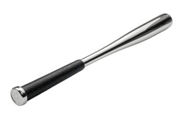 Shiny silver metal baseball bat with textured black grip handle, durable sports equipment design isolated on white background for athletics, training, and self-defense concepts


