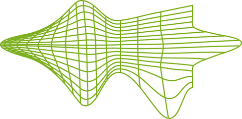 Abstract green wavy perspective grid with a dynamic 3D warp effect, perfect for sci-fi, retro-futuristic, and digital art backgrounds on a transparent background.