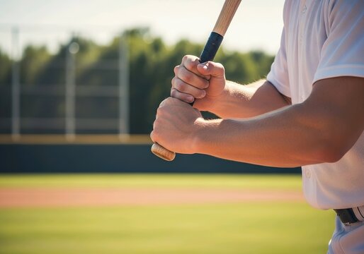 Baseball player holding wooden bat ready to swing on a sunny green field