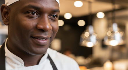 Close up shot of a smiling african american chef in uniform with blurred background lights inside