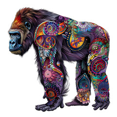 Obraz premium Vibrant and intricate artistic depiction of a powerful gorilla with colorful patterns isolated on transparent background