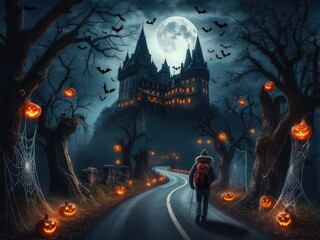 Spooky Halloween night scene with a castle under a full moon, pumpkins lining a road, bats flying, and a figure walking.