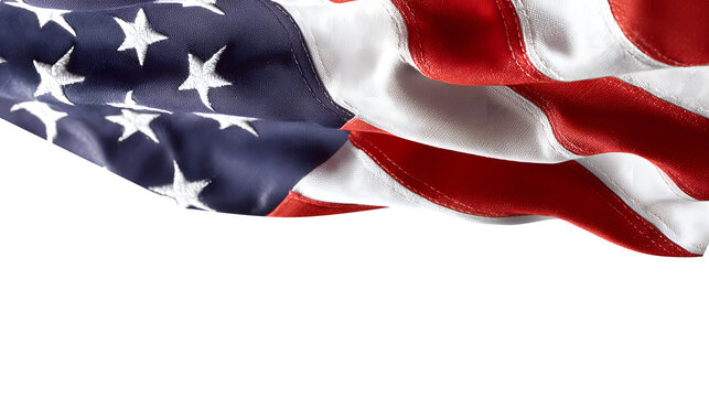 United States flag waving with visible stars and stripes, symbolizing American patriotism, freedom, and national pride, isolated on white background for design and celebration themes