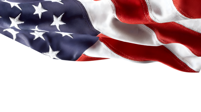 United States flag waving with visible stars and stripes, symbolizing American patriotism, freedom, and national pride, isolated on white background for design and celebration themes