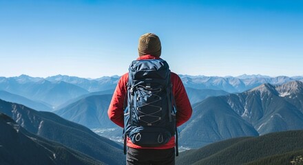 Hiker with backpack enjoying panoramic mountain view under clear blue sky