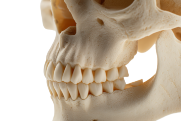 Closeup of human skull teeth and jaw isolated on transparent background