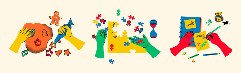 Hands engaged in various creative hobbies. Creative leisure activities fill this set as human arms actively bake, solve puzzles, and craft.