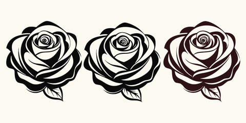 Set of three vector black silhouettes of rose flowers isolated on a white background. Red rose vector.