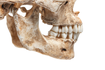 Closeup of a human skull jaw with teeth isolated on transparent background