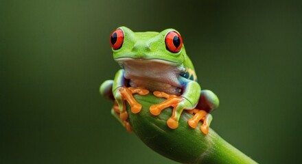 Obraz premium RedEyed Tree Frog Vibrant Jewel of Rainforest on Bud with Blurred Background.